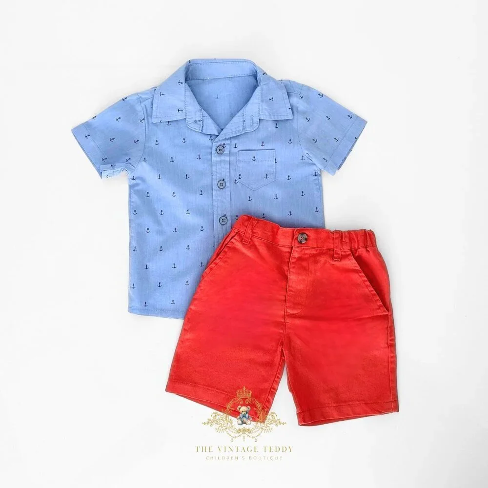 NWT Cute Boys Oxford Button Down Shirt & Shorts Matching Set Blue & Salmon 24M